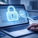 Egy felhasználó bankkártyával és laptopon ellenőrzéseket végez a biztonságos online vásárlás érdekében.