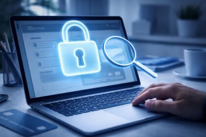 Egy felhasználó bankkártyával és laptopon ellenőrzéseket végez a biztonságos online vásárlás érdekében.