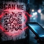 Egy gyanús QR-kód mellett figyelmeztető ikon és figyelmeztető szöveg látható