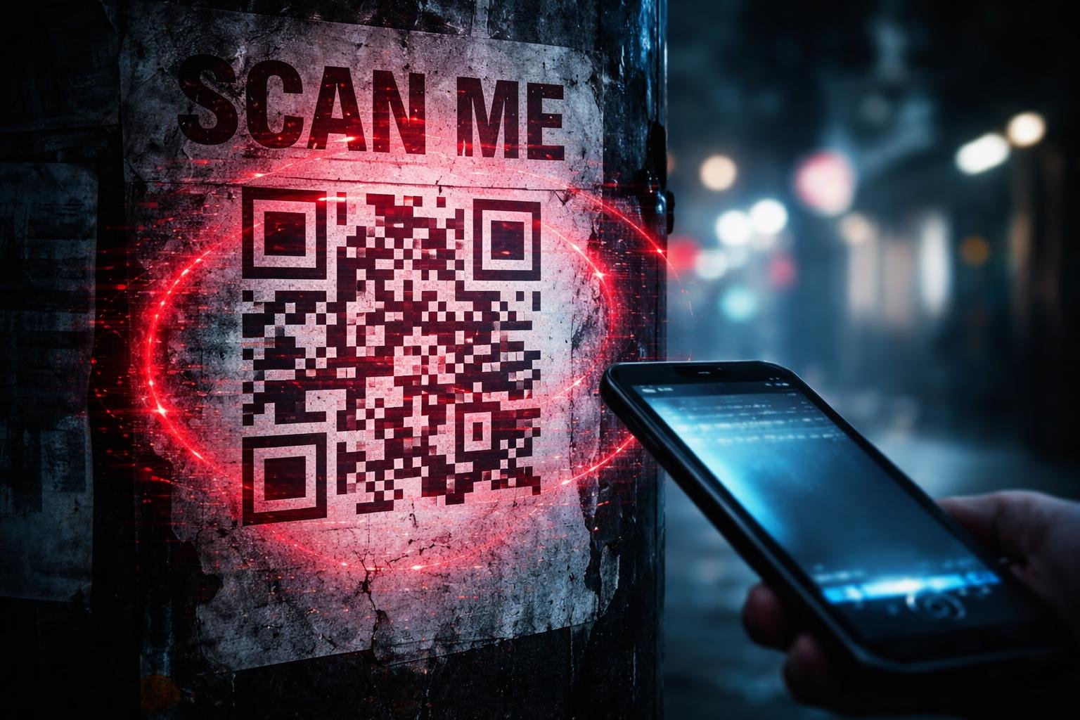 Egy gyanús QR-kód mellett figyelmeztető ikon és figyelmeztető szöveg látható