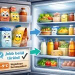 Hűtő ajtó rekeszében tárolt élelmiszerek és ingadozó hőmérséklet látható a konyhában