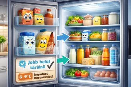 Hűtő ajtó rekeszében tárolt élelmiszerek és ingadozó hőmérséklet látható a konyhában