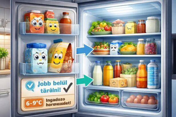 Hűtő ajtó rekeszében tárolt élelmiszerek és ingadozó hőmérséklet látható a konyhában