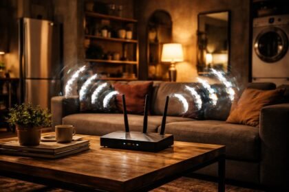 Otthoni internetproblémát vizualizáló jelenet: router, kábelek és gyenge Wi‑Fi jel.