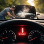 Autó motorhőmérséklet-szabályozás figyelmeztető jelzőfényével és a túlmelegedés elleni lépésekkel biztonságos megállást előkészített teendőket mutat