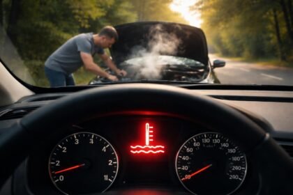 Autó motorhőmérséklet-szabályozás figyelmeztető jelzőfényével és a túlmelegedés elleni lépésekkel biztonságos megállást előkészített teendőket mutat