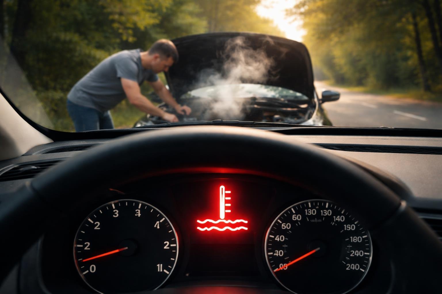 Autó motorhőmérséklet-szabályozás figyelmeztető jelzőfényével és a túlmelegedés elleni lépésekkel biztonságos megállást előkészített teendőket mutat