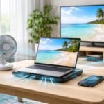 Nyári melegben hűvös helyen tárolt elektronikai eszközöket ábrázoló jelenet például telefon, laptop, televízió