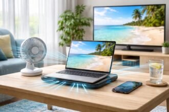 Nyári melegben hűvös helyen tárolt elektronikai eszközöket ábrázoló jelenet például telefon, laptop, televízió